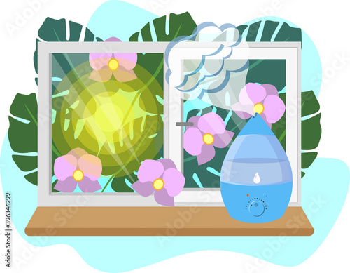 A humidifier on the windowsill, and outside the window foliage and flowers