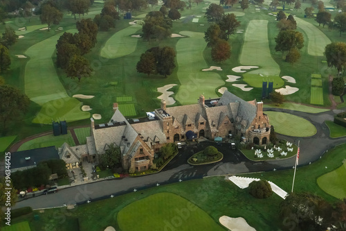 Summer 2020 - New York, USA: Aerial view of Winged Foot Golf Course club house.