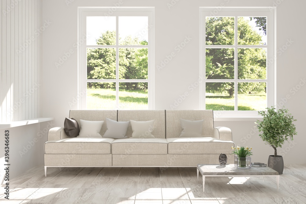 Fototapeta premium White living room with sofa and summer landscape in window. Scandinavian interior design. 3D illustration
