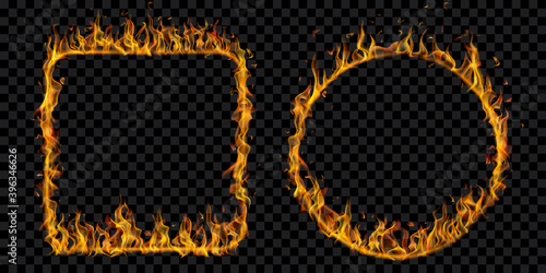 Set of translucent fire frames in the shape of square and a circle on transparent background. For used on dark illustrations. Transparency only in vector format