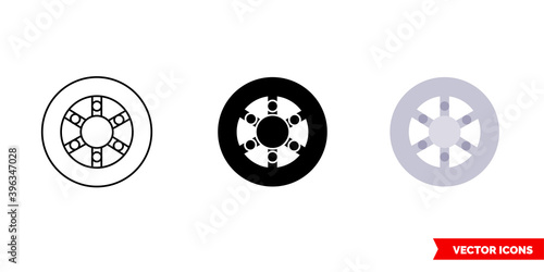 Bicycle disk brake icon of 3 types color, black and white, outline. Isolated vector sign symbol.