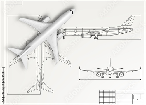 Airplane Blueprint. White Outline Aircraft On Blue