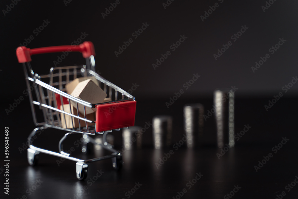 Mini shopping cart with coins stack.