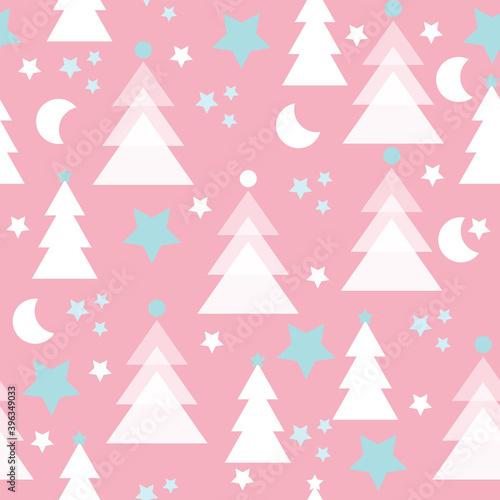 White christmas trees on a baby pink background. Seamless pattern in the style of applique, for printing on fabric, paper, wallpaper, postcards. Minimal geometric design