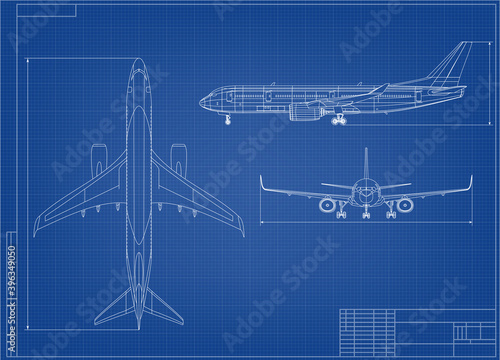 Airplane Blueprint. White Outline Aircraft On Blue