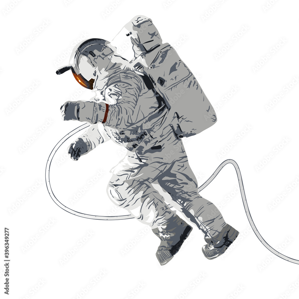 Astronaut flying in free space. On white background