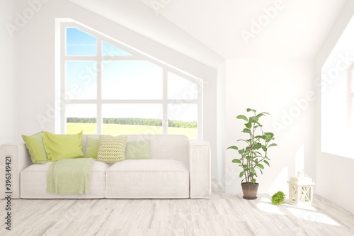 White living room with sofa and summer landscape in window. Scandinavian interior design. 3D illustration