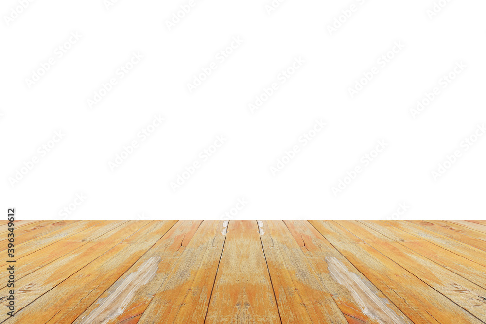 Empty wooden table top isolated on white background for product display montage Empty wooden table top isolated on white background for product display montage