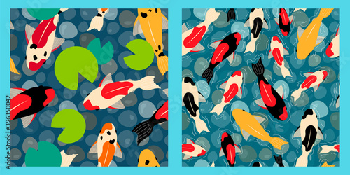 set of two seamless patterns with koi carp fish, water lilies and pebbles in a pond. colorful fish. Modern abstract design for background, packaging paper, cover, fabric, card
