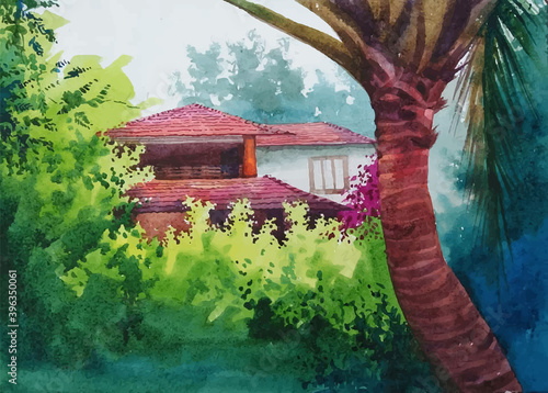 Watercolor house in the forest hand drawn illustration Premium Vector