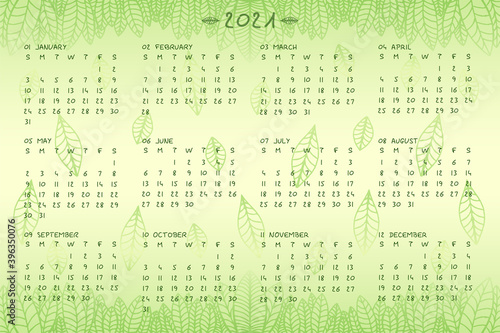2021 wall annual calendar template in a cute botanical ecostyle. Calendar design concept with hand drawn font type and green leaves. Week Starts on Sunday