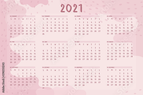 2021 year wall annual calendar template cute minimalist style. Abstract pink hand drawn spots dots lines. Week Starts on Sunday