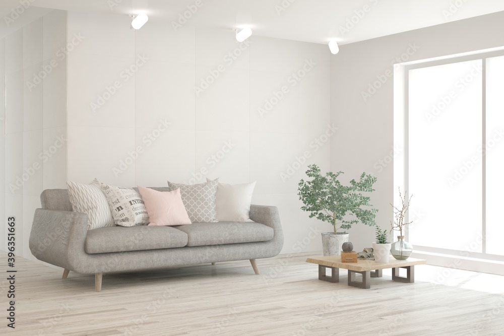 Fototapeta premium White living room with sofa. Scandinavian interior design. 3D illustration