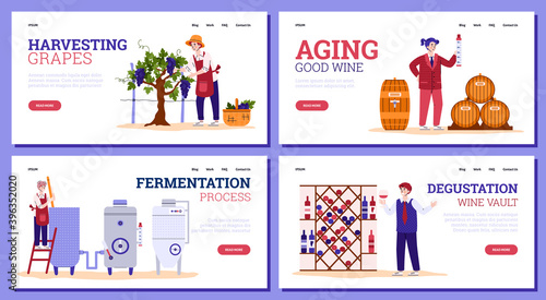 Set of web banners for winery with winemakers harvesting grapes and producing wine, flat vector illustration isolated. Landing web pages collection for wine production. © Kudryavtsev
