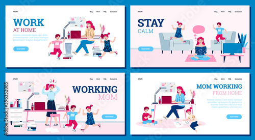 Website mockups set of freelance work with woman freelancer and working mom works on computer at home, cartoon vector illustration. Collection of websites for freelancing.