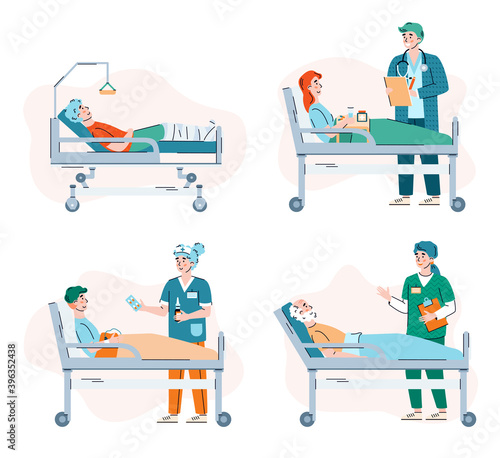 Patient in hospital bed - isolated set of cartoon medical staff standing near sick people lying in recovery. Vector illustration of doctors and nurses speaking.