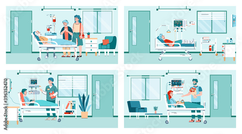 People in hospital room interior - cartoon set of nurse and visitors by patient with health problem lying in bed at medicine ward. Vector illustration.