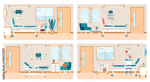 Hospital room interior set - empty health clinic ward with patient bed and medical support equipment and monitor. Flat vector illustration of recovery unit.