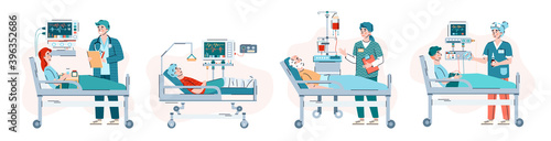 Patients in hospital beds with equipment for intensive therapy. Hospitalization and care of sick people during epidemic. Doctors treatment of ill people. Set of vector illustrations