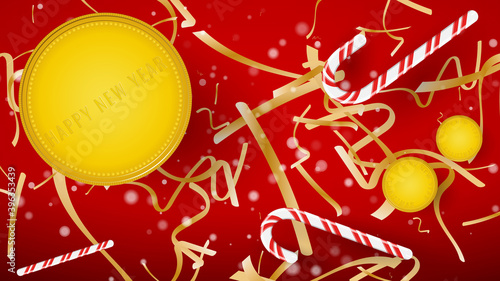 Merry Christmas and Happy New Year. Candy, Gold Coins and Confetti on a Red Festive Background. Colored. Winter Holidays Symbol. Set Realistic Holiday Objects. Vector Illustration EPS 10