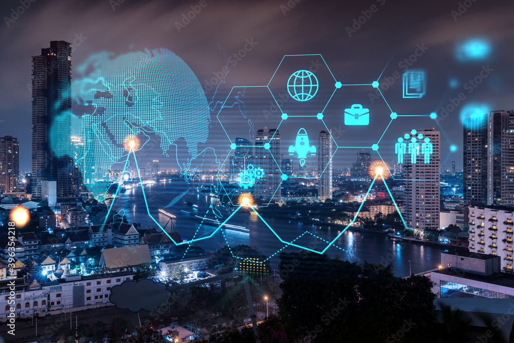 Obraz premium Research and technological development glowing icons. Night panoramic city view of Bangkok. Concept of innovative activities expanding new services or products in Asia. Double exposure.