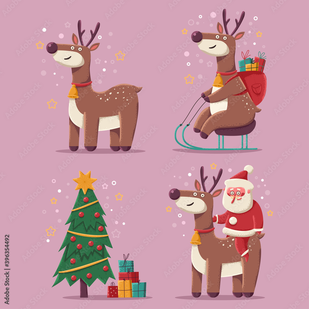 Cute Christmas reindeer vector cartoon characters set isolated on background.