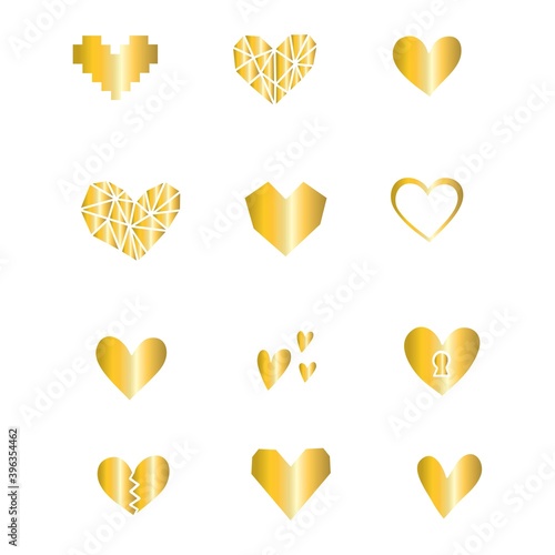 Set heart illustraion.Sparkling gold stain. Vector metallic paint. Hand drawn.