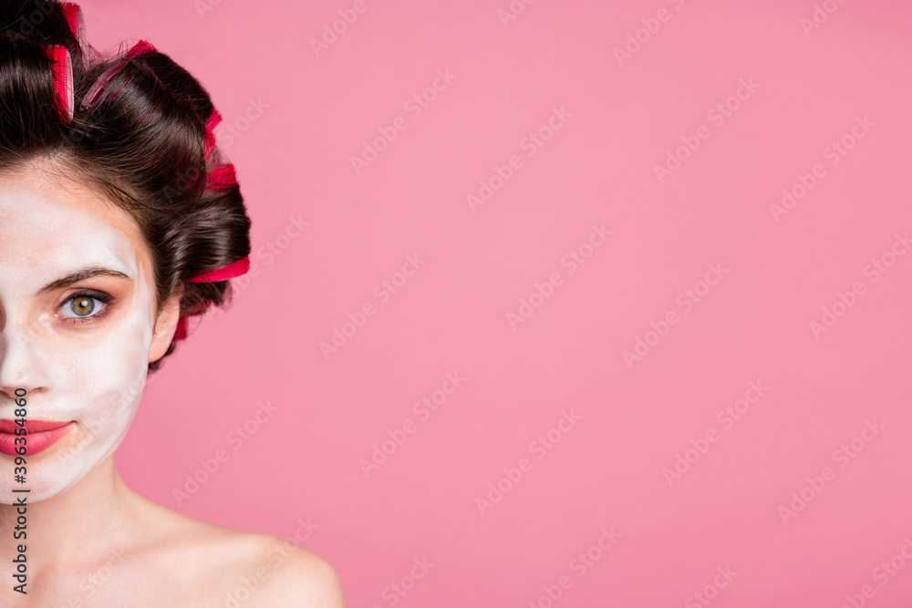 Cropped close-up half face portrait of nice attractive naked housewife soapy mousse on face copy space advert isolated on pink color background Cropped close-up half face portrait of nice attractive naked housewife soapy mousse on face copy space advert isolated on pink color background