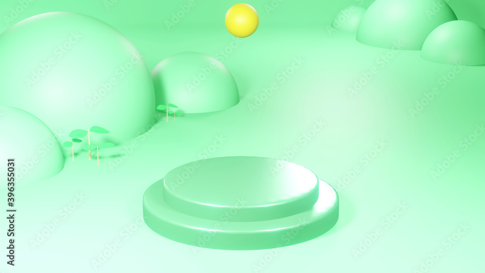 3D Rendering of Colorful green spheres of balls on green background. Premium mock up background 3D Rendering of Colorful green spheres of balls on green background. Premium mock up background