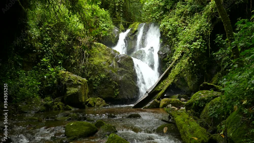 Amazingly beautiful waterfal in Costa Rica surrounded by lush green forest and vegetation, with water running from waterfall into a wide low stream Amazingly beautiful waterfal in Costa Rica surrounded by lush green forest and vegetation, with water running from waterfall into a wide low stream