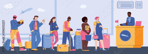 Queue to check-in or passport control, passengers with luggage near registration desk. Line of men and women waiting for check in terminal international airport. Vector illustration.