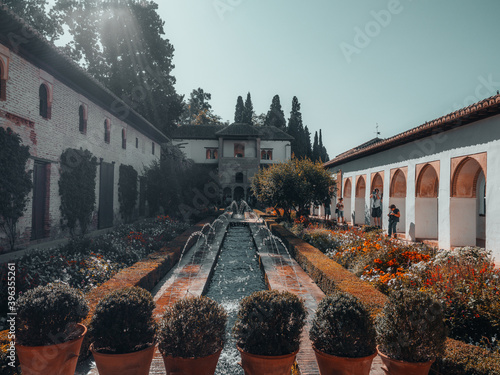 General view of The Generalife courtyard, with its famous fountain and garden. Alhambra  Granada