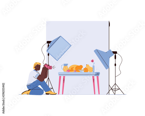Professional product or magazine photographer making shoot of food, flat cartoon vector illustration. Product photo shooting for magazines and web sites.
