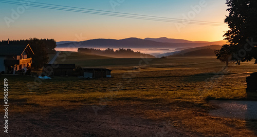 Beautiful hazy sunrise at Kirchberg im Wald  Bavarian forest  Bavaria  Germany