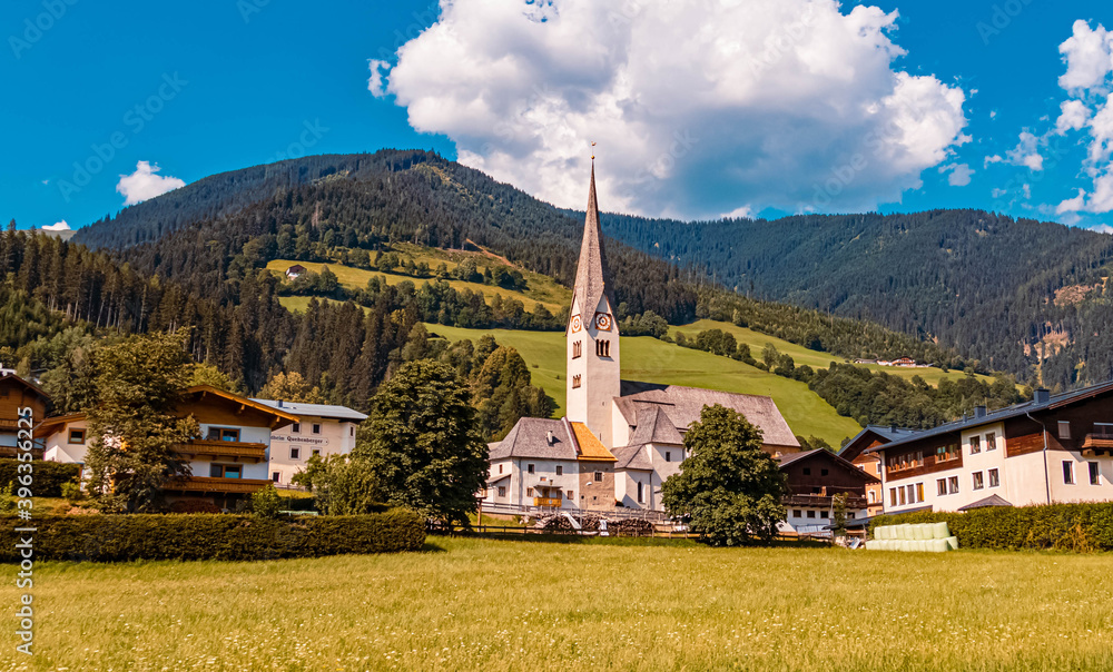 Beautiful alpine summer view with a church at Stuhlfelden, Pitztal, Tyrol, Austria