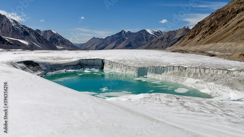 A lake on Semenov Glacier at sunny day. Central Tian Shan, Kyrgyzstan. photo