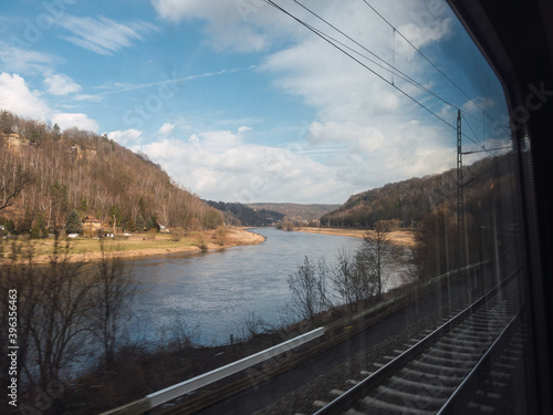 View from the window of the moving high-speed train of the river and sky. Transport, travelling concept