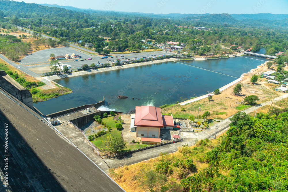 Fototapeta premium Khun Dan Dam is a new tourist attraction of Nakhon Nayok in which you can see the view of Khao Yai National Park .from the ridge of the dam and see the landscape of Nakhon Nayok from behind the dam.