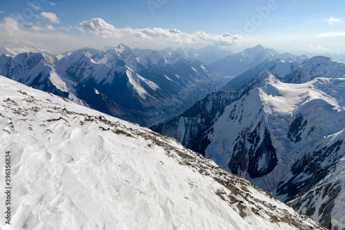 High mountain landscape. View from Semenov Peak, Central Tian Shan, Kyrgyzstan.