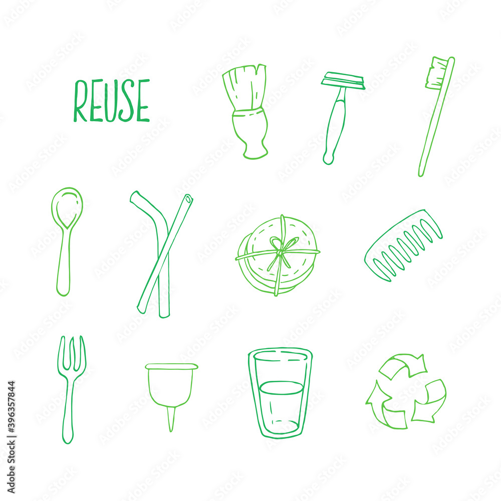 Hand drawn vector illustration of zero waste concept. Eco outline ...