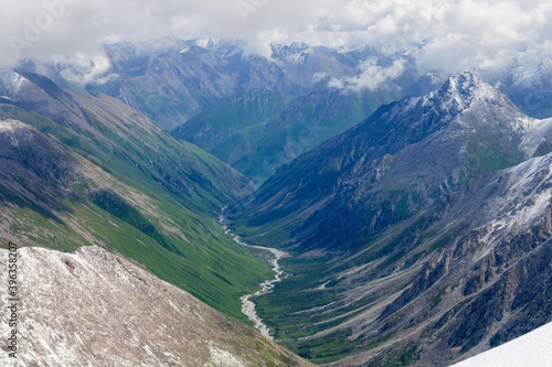 High mountain landscape. View of Saykay River Valley from Uzlovaya Peak  Central Tian Shan  China.
