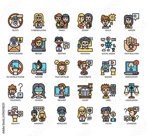 Set of cyberbullying thin line and pixel perfect icons for any web and app project.