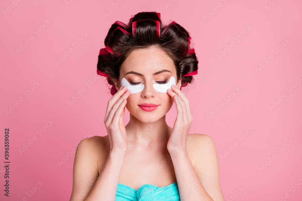 Photo of girl have skincare body care procedure enjoy eye patch wear towel isolated over pastel color background