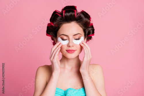 Photo of girl have skincare body care procedure enjoy eye patch wear towel isolated over pastel color background © deagreez