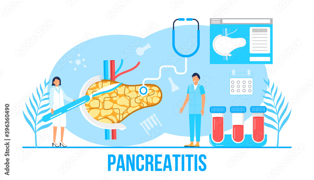 Naklejka premium Pancreatitis concept vector. Pancreas doctors examine. Tiny therapist looks through a magnifying glass at internal organ. Health care concept in flat style for landing page, website