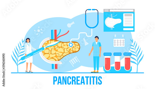 Pancreatitis concept vector. Pancreas doctors examine. Tiny therapist looks through a magnifying glass at internal organ. Health care concept in flat style for landing page, website
