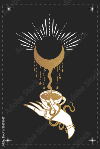 cup of coffee in hand, witchcraft, young moon, tarot cards, mystical symbol, okult