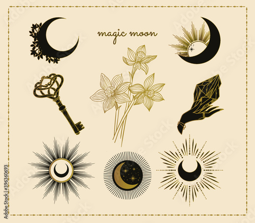 magic witch symbols: moon, hand, crystal, flowers, key occult witchcraft