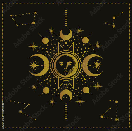 sun, magical vector illustration, tarot cards symbol, alchemy