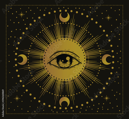 all-seeing eye, sun with an eye , magical vector illustration, tarot cards symbol, alchemy
